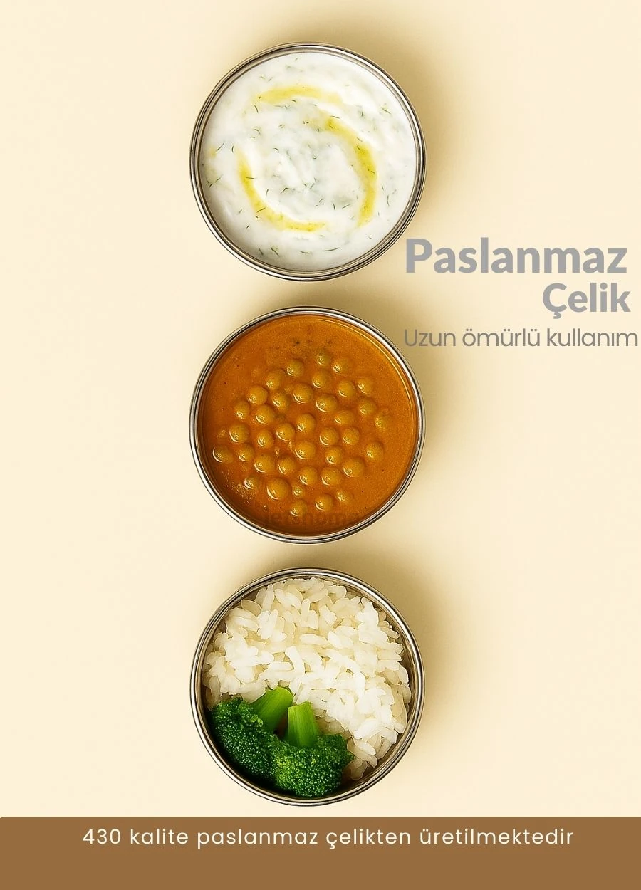 3’lü Paslanmaz Çelik Sefer Tası 14x7 cm Yemek Taşıma Kabı No:2 – Kilitli 430 Kalite