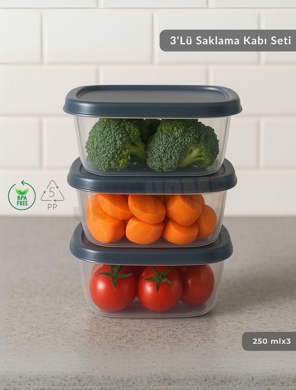 3'lü Saklama Kabı Seti Kare Erzak Kabı Bpa Free Derin Dondurucu için Uygun 250 ml