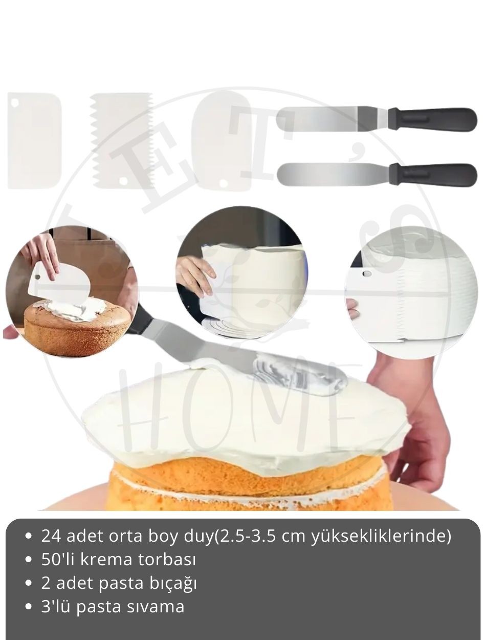28 Parça Pasta Süsleme Seti Paslanmaz Krema Duyu-Torbası Pasta Bıçağı Sıvama Spatulası