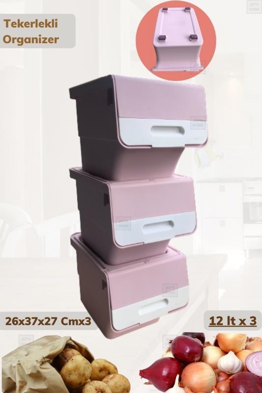 3'lü Tekerlekli Sebzelik BPA Free Soğanlık Oyuncaklık Organizer Beyaz Pembe 36 Lt