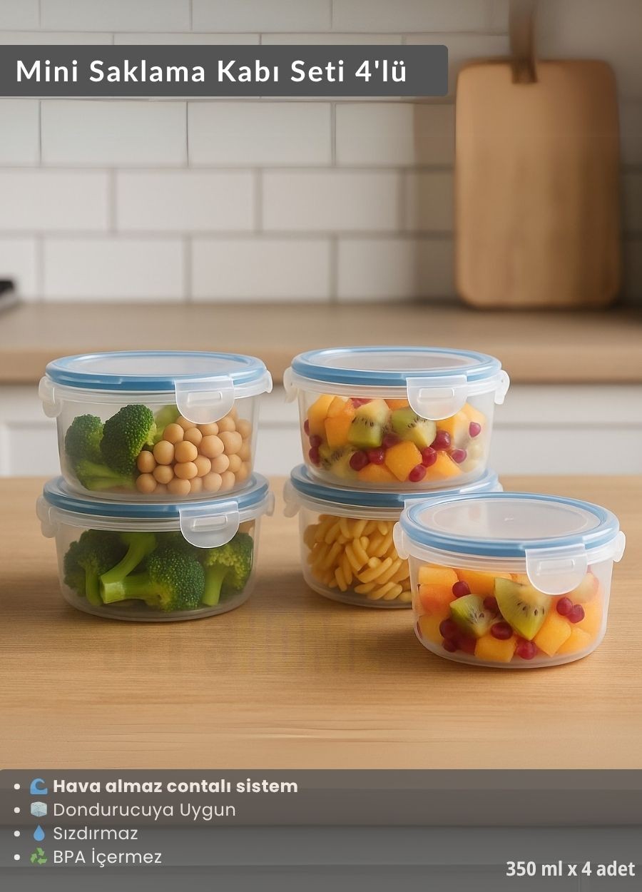 Mini Erzak Saklama Kabı Seti 4'lü Bpa Free Gıda Kutusu Bpa Free Hava Almaz 350 ml
