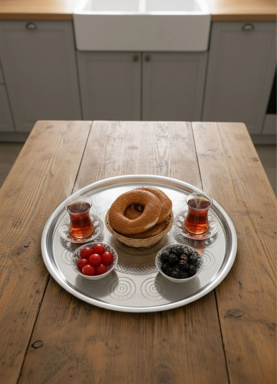 46,5 cm Paslanmaz Çelik Geleneksel Yemek Sunum Çay Kahve Servis Tepsisi Sini No:50