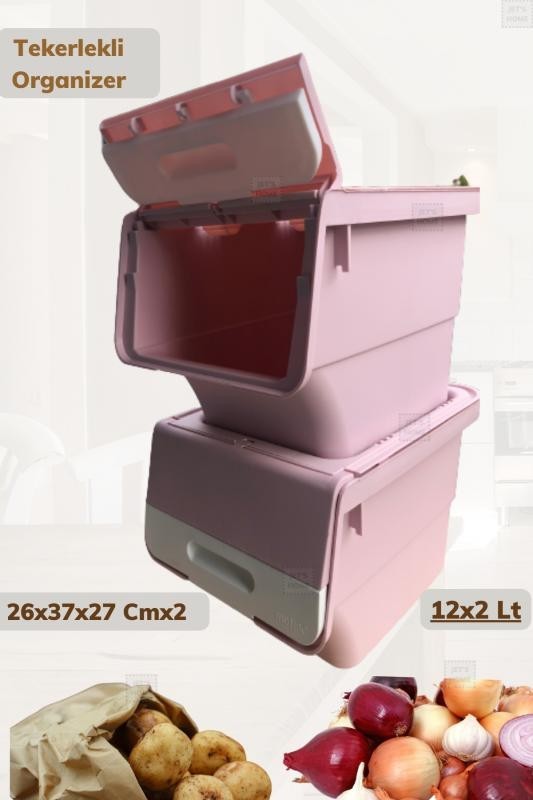 2’li Tekerlekli Organizer BPA Free Erzak Kutusu Sebzelik Soğanlık Oyuncaklık Pembe 24 Lt
