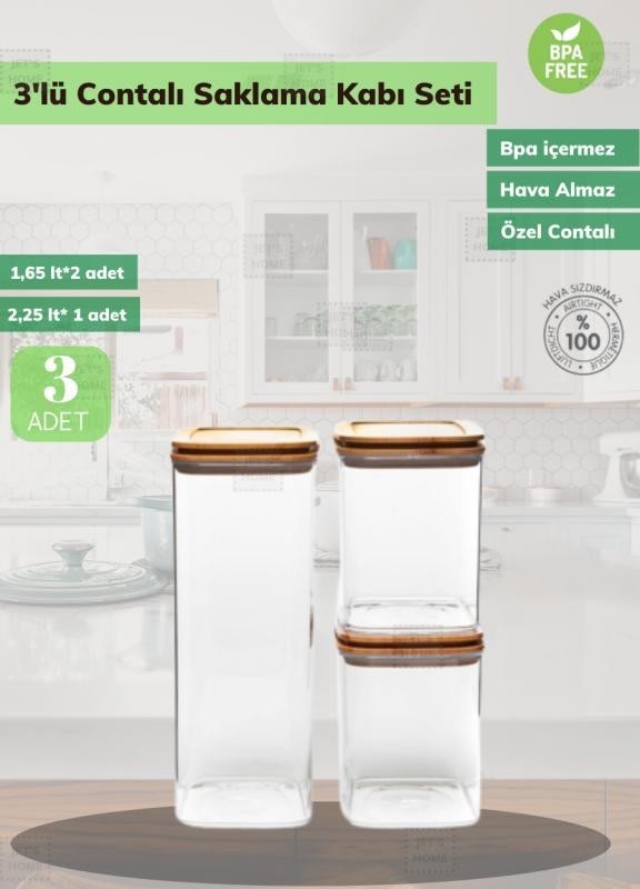 3’lü Erzak Saklama Kabı Seti BPA Free Hava Almaz Bambu Desenli