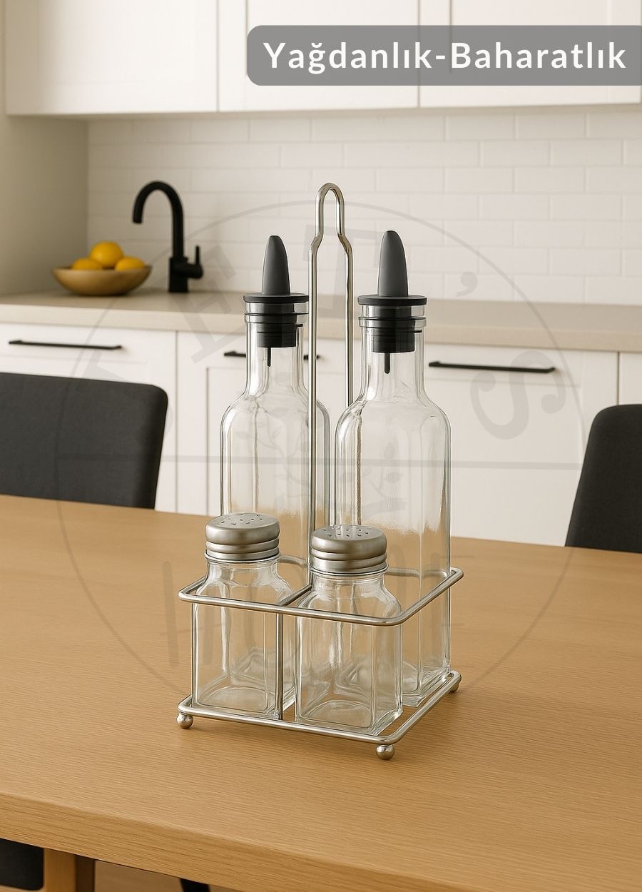 4’lü Set Yağdanlık Takımı 200 ml Cam Tuzluk Seti Baharatlık Yağlık Sirkelik Tuzluk
