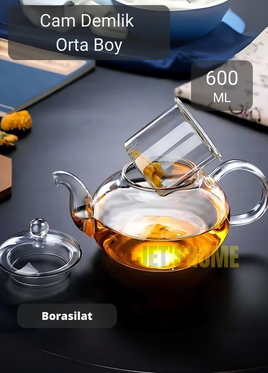 Cam Demlik Şeffaf Süzgeçli Demlik Isıya Dayanıklı Bitki Çayı Demliği Borosilat 600 ml