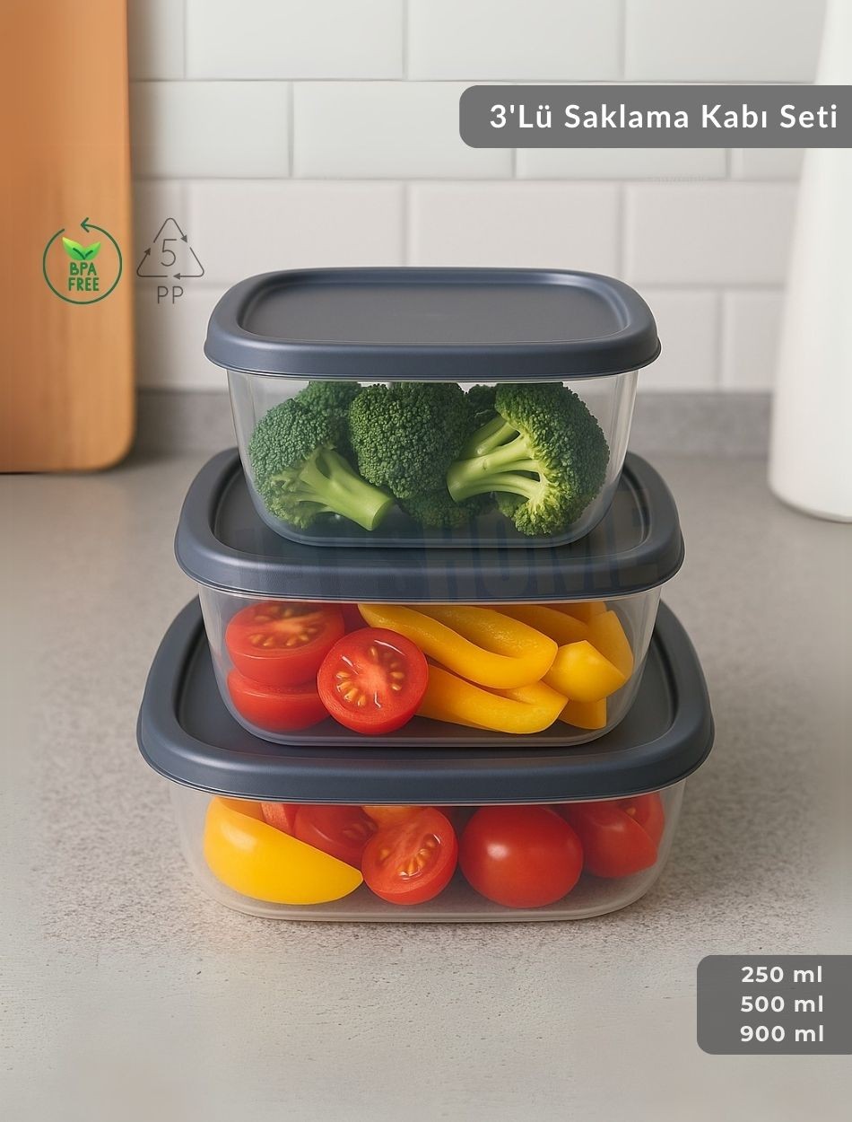 3'lü Saklama Kabı Seti Kare Erzak Kabı Bpa Free Derin Dondurucu için Uygun 250-500-1500 ml