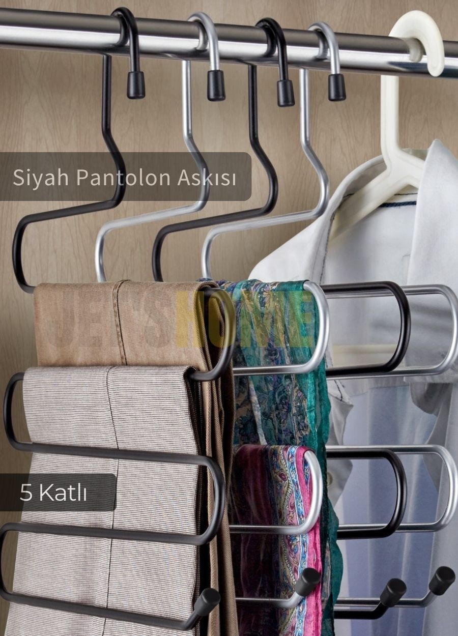 Pantolon Askısı Paslanmaz Askı 5 Katlı Dolap İçi Askılık Mat Metal Siyah