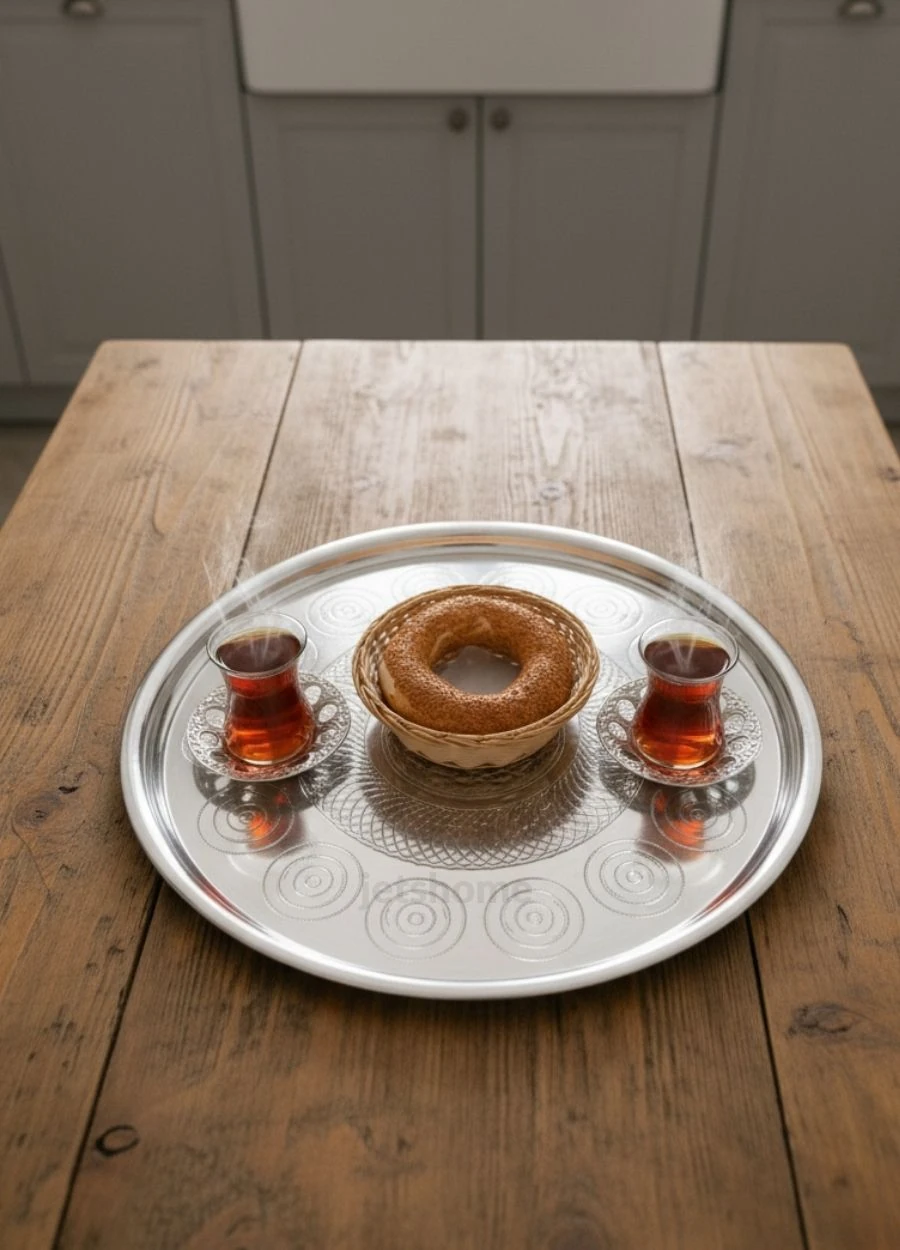 41,5 cm Paslanmaz Çelik Yemek Sunum Çay Kahve Servis Tepsisi Sini No:45