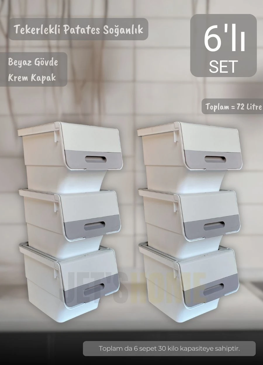 6'lı Krem Beyaz Tekerlekli Sebzelik Patates Soğan Sepeti Organizer Kutu Soğanlık Patateslik 72 L