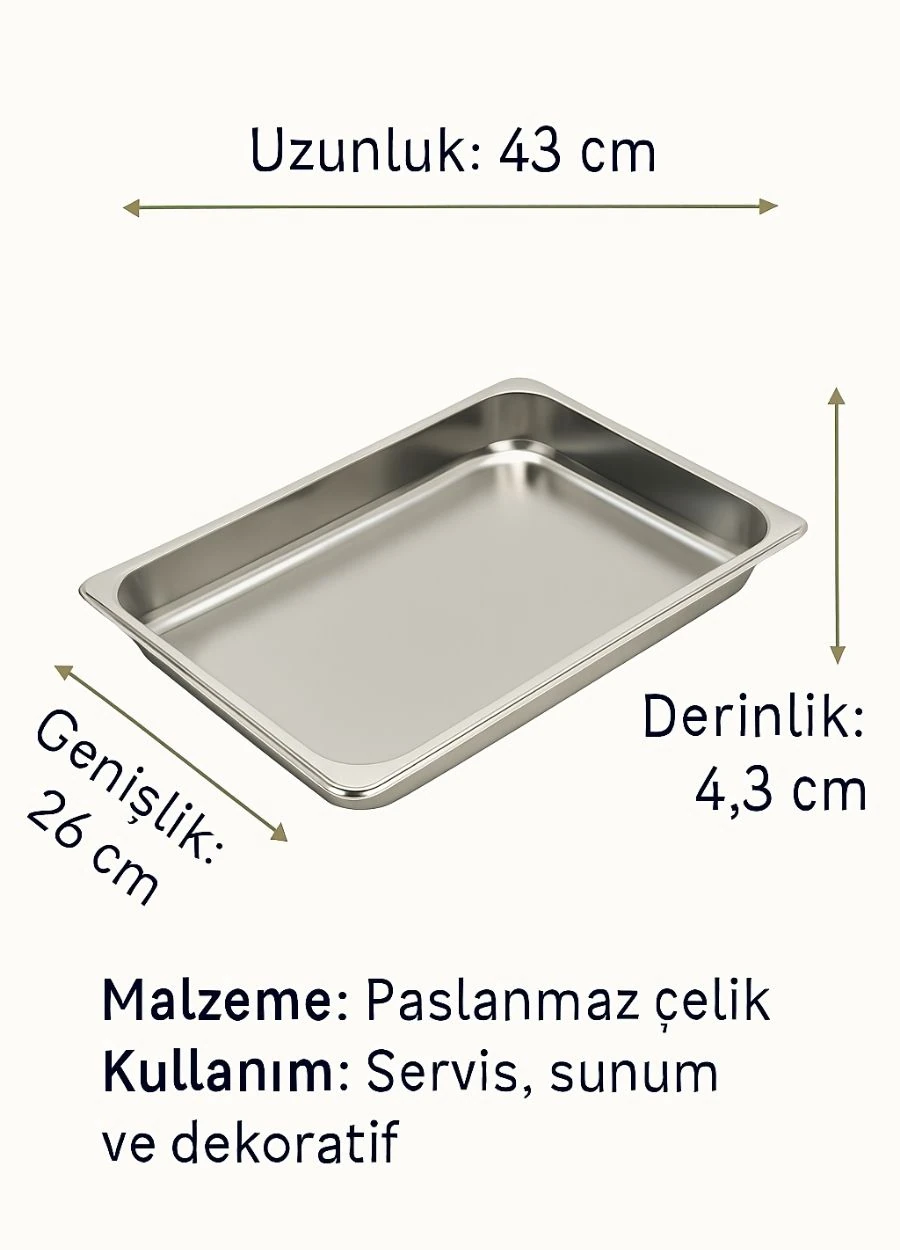 Paslanmaz Çelik Meze Küveti 430 Kalite Dayanıklı Dikdörtgen Tabak 43x28x4,3 cm