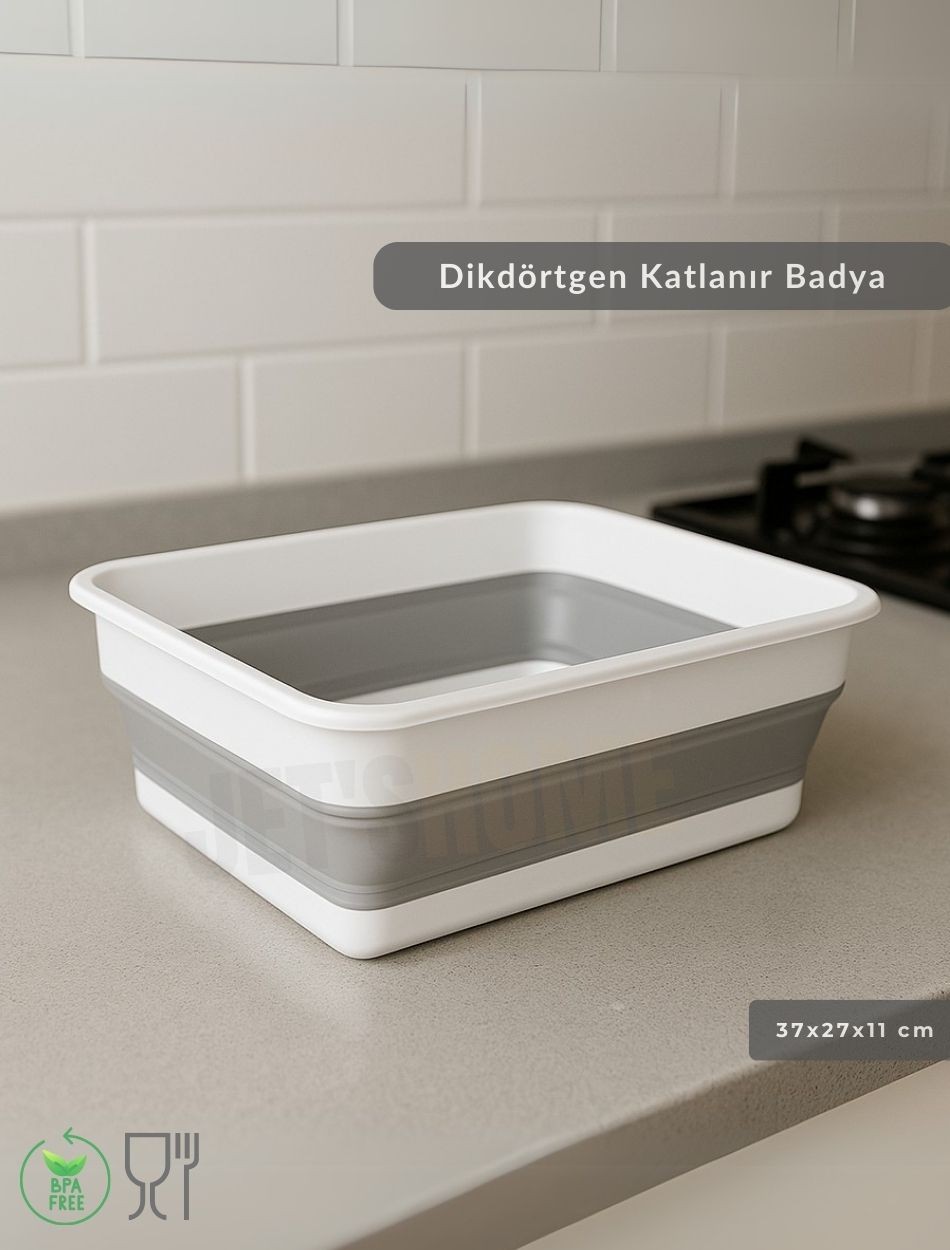 Katlanır Badya - Akordiyon Katlanabilir Dikdörtgen Kova | 8 L - Beyaz/Gri - BPA Free