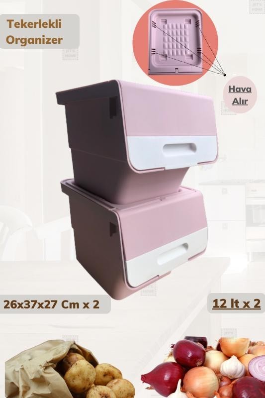 2’li Tekerlekli Organizer BPA Free Erzak Kutusu Sebzelik Soğanlık Oyuncaklık Pembe 24 Lt