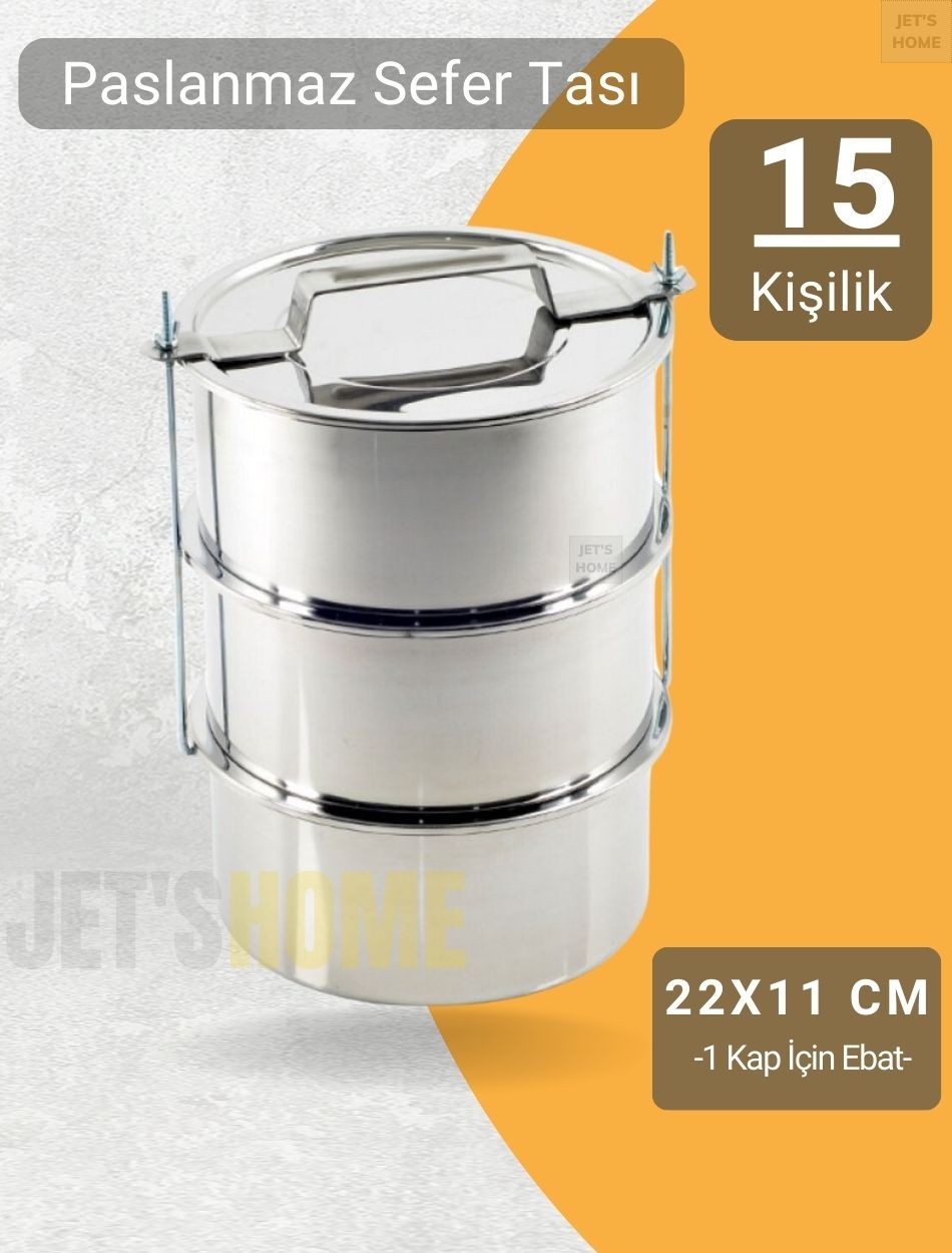 3’lü Sefer Tası 22x11 cm Yemek Taşıma Kabı Paslanmaz Çelik No:6 Kapasite 15 Kişilik
