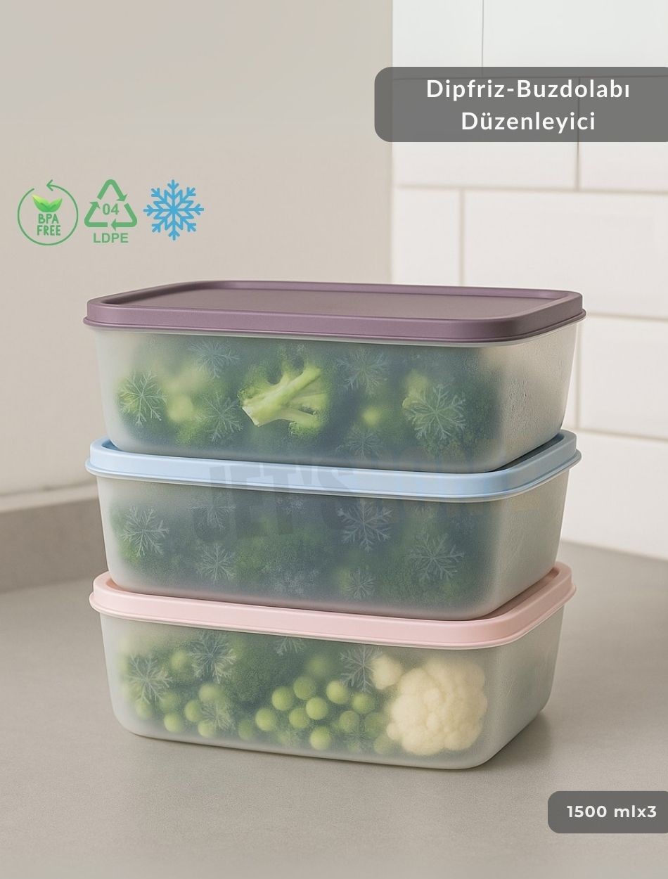 3'lü Dipfriz Saklama Kabı - No Frost Silikon Kapaklı | Derin Dondurucu Düzenleyici - BPA Free - 1500 ml
