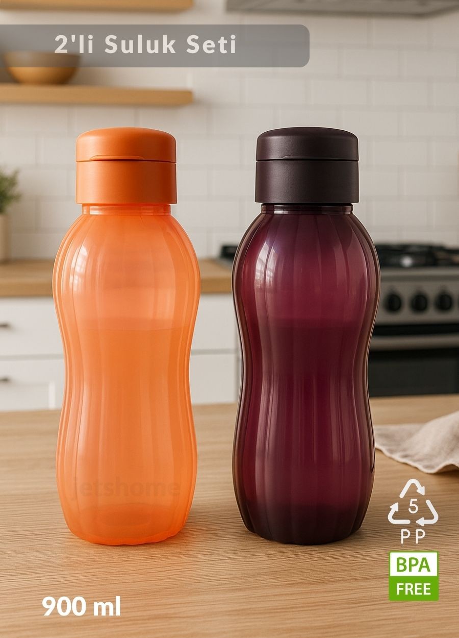 Suluk 2'li Set Su Şişesi BPA Free Okul Suluğu PP-5 Suluk Spor Okul Ofis Suluğu Mürdüm-Turuncu 900 ml