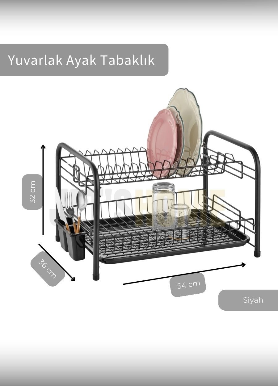 2 Katlı Bulaşıklık Tezgah Üstü Tabaklık BPA FREE Bulaşık Sepeti Yuvarlak Ayak Siyah
