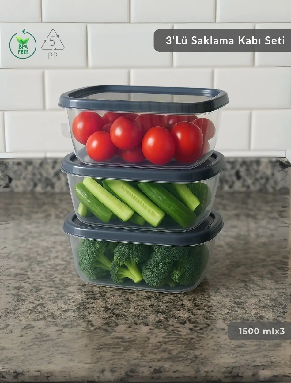 3'lü Kare Saklama Kabı Seti 1500 ml BPA Free - Derin Dondurucu İçin