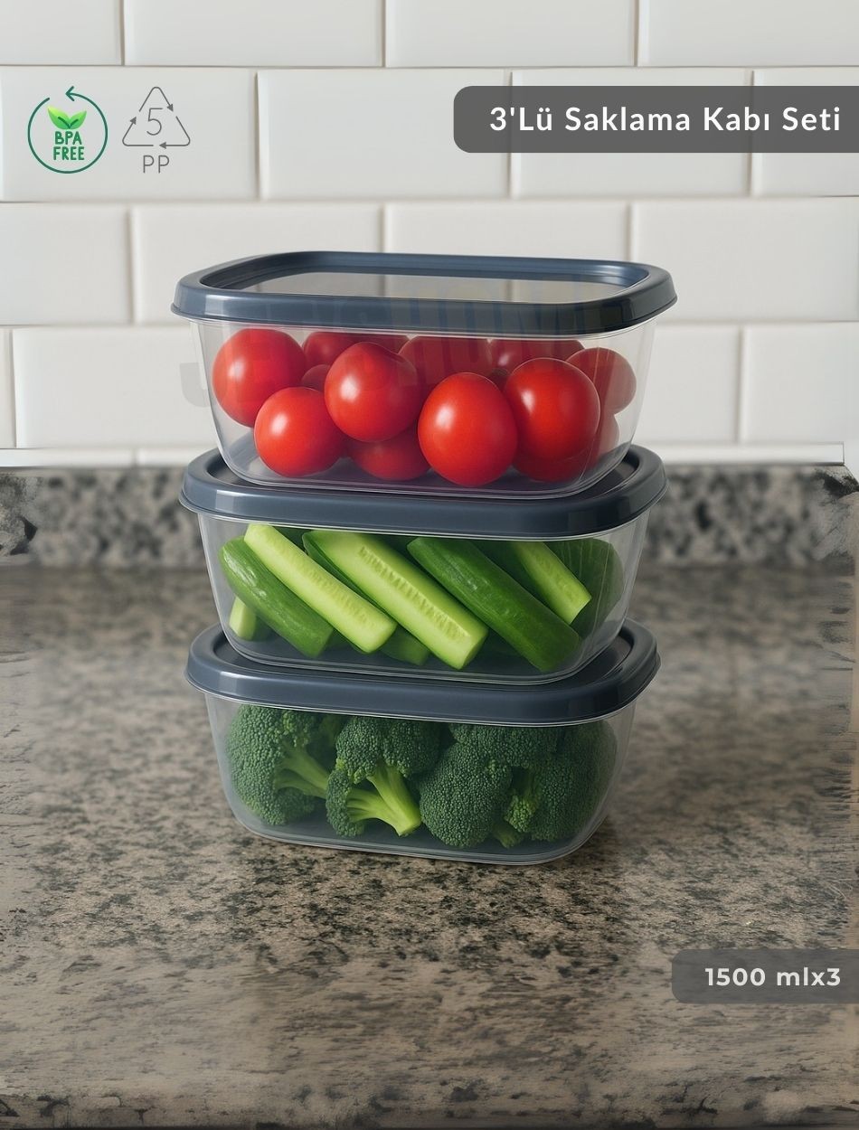 3'lü Saklama Kabı Seti Kare Erzak Kabı Bpa Free Derin Dondurucu için Uygun 1500 ml