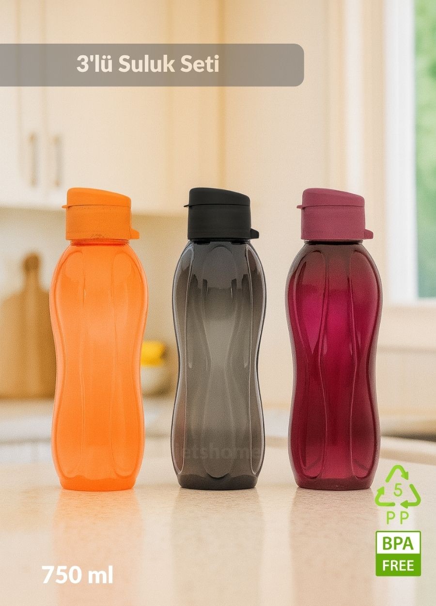 3’lü Set Matara Okul Suluğu Kapaklı Su Şişesi Plastik 750 ml