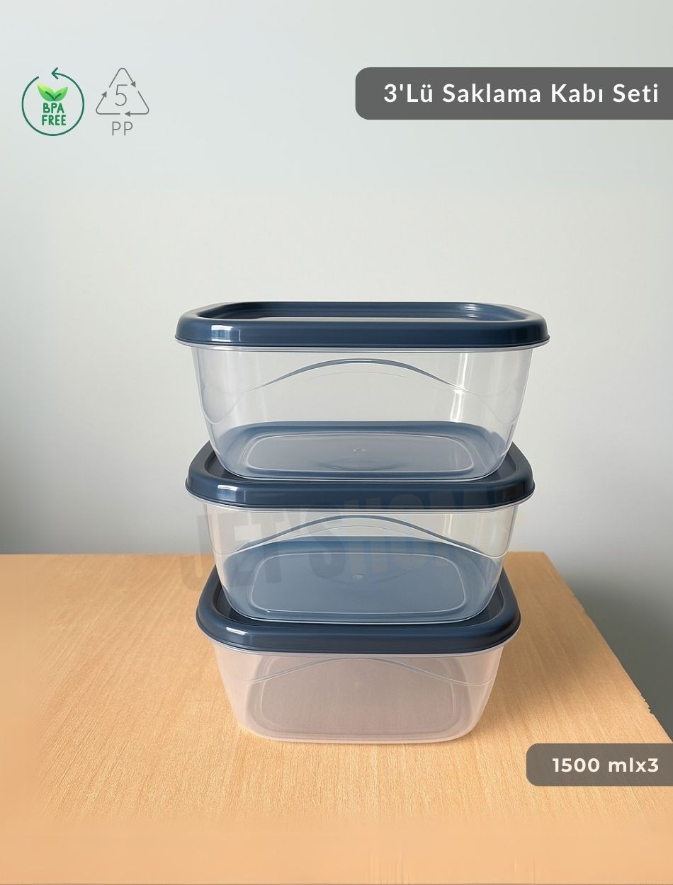 3'lü Saklama Kabı Seti Kare Erzak Kabı Bpa Free Derin Dondurucu için Uygun 1500 ml