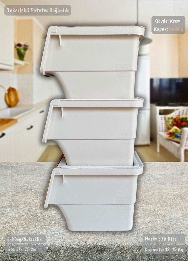 3’lü Tekerlekli Patateslik Soğanlık BPA Free Erzak Kutusu Sebzelik Oyuncaklık Bambu Desen 36 Lt