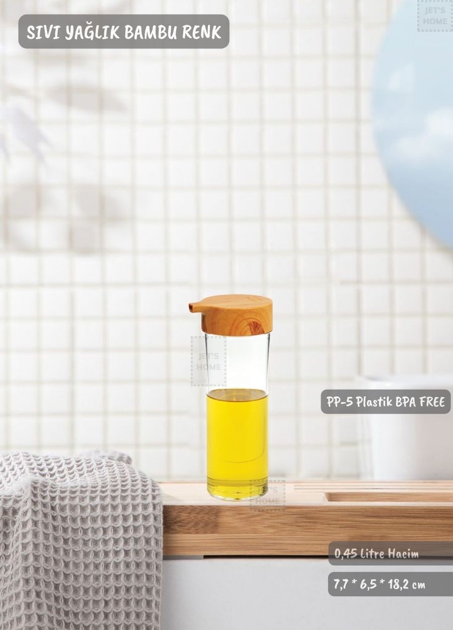 Bambu Renk Sıvı Yağdanlık Plastik Yağ Şişesi Dokunmatik Yağlık 0,45 Litre BPA FREE