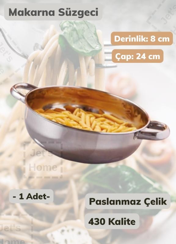 Çelik Makarna Süzgeci 24 cm Kulplu Paslanmaz Çelik Süzgeç