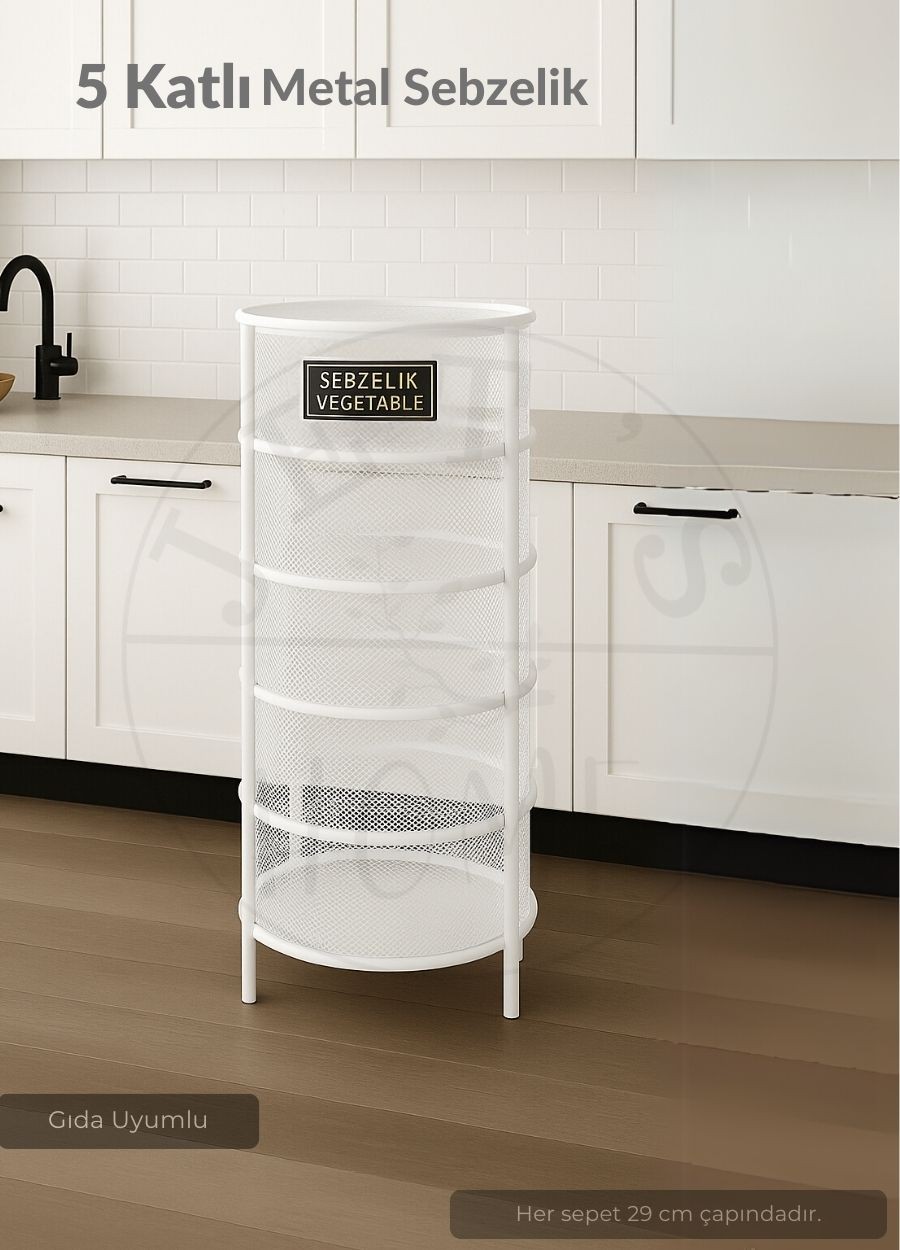 5 Katlı Sebzelik Açılır Metal Patates Soğan Sepeti Paslanmaz Meyvelik Organizer Sepet Beyaz