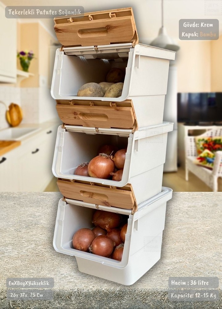 3’lü Tekerlekli Patateslik Soğanlık BPA Free Erzak Kutusu Sebzelik Oyuncaklık Bambu Desen 36 Lt