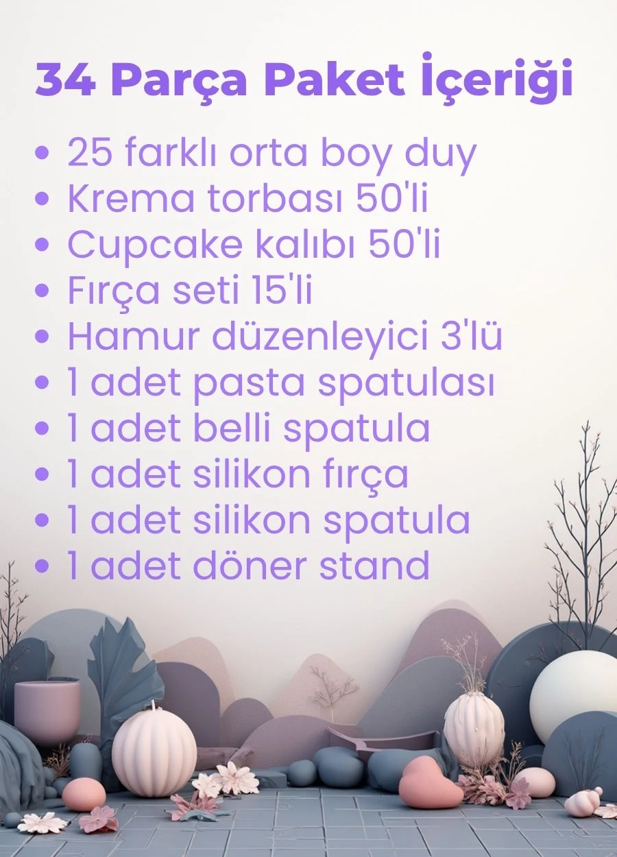 34 Parça Pasta Süsleme Hazırlık Seti – Krema Duyu Torbası Standı Pasta Fırçası Spatula Kazıyıcı