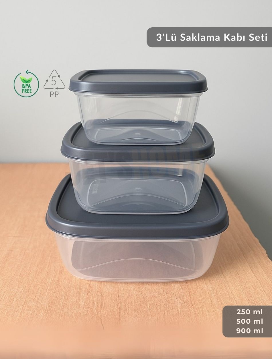 3'lü Saklama Kabı Seti Kare Erzak Kabı Bpa Free Derin Dondurucu için Uygun 250-500-1500 ml