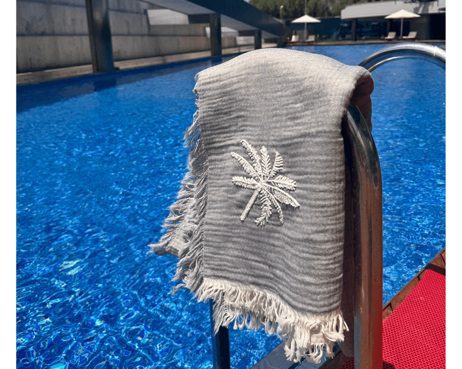 Palmiye Nakışlı Müslin Peştemal - Gri