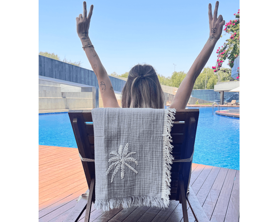 Palmiye Nakışlı Müslin Peştemal - Gri