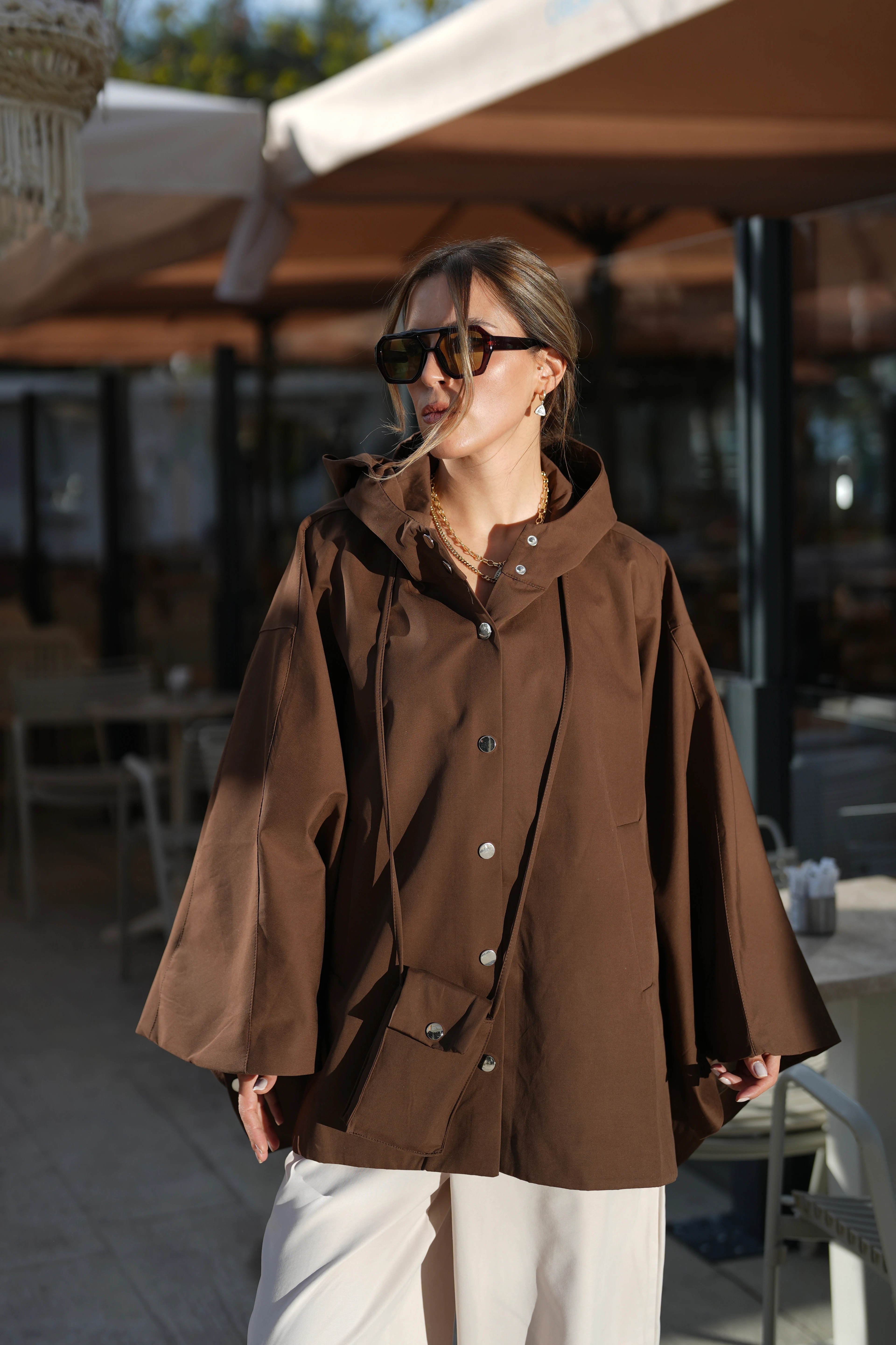 Çanta Aksesuarlı Panço Kahve