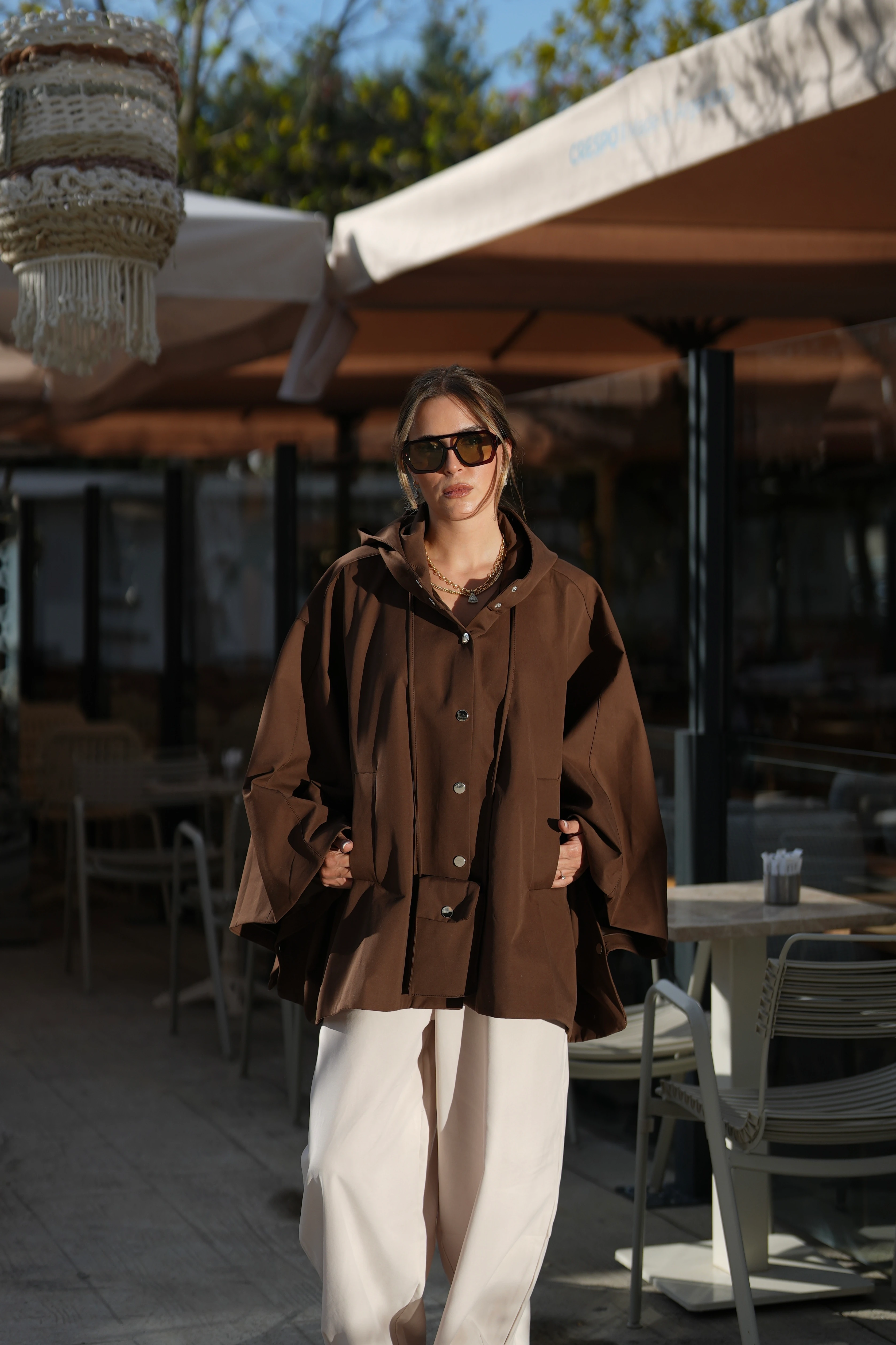 Çanta Aksesuarlı Panço Kahve