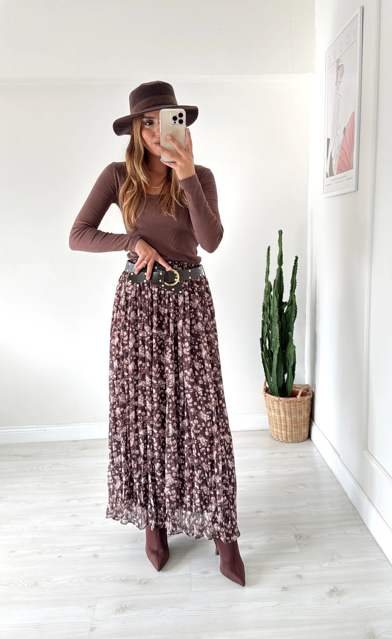 Kemerli Desenli Maxi Etek Kahve