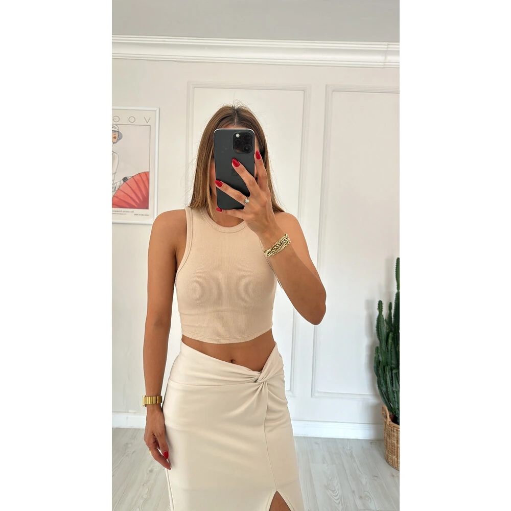 Fitilli Crop Body Açık Bej