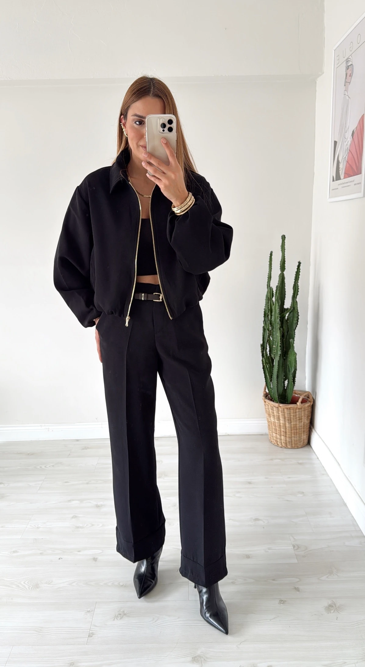 Bomber Ceket Kemerli Pantolon Takım Siyah