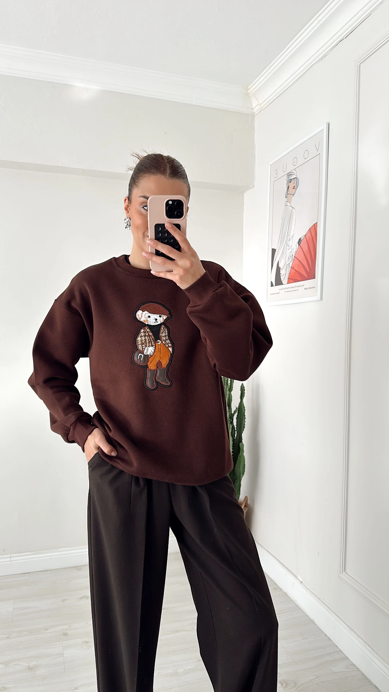 Teddy İşlemeli Sweat Kahve