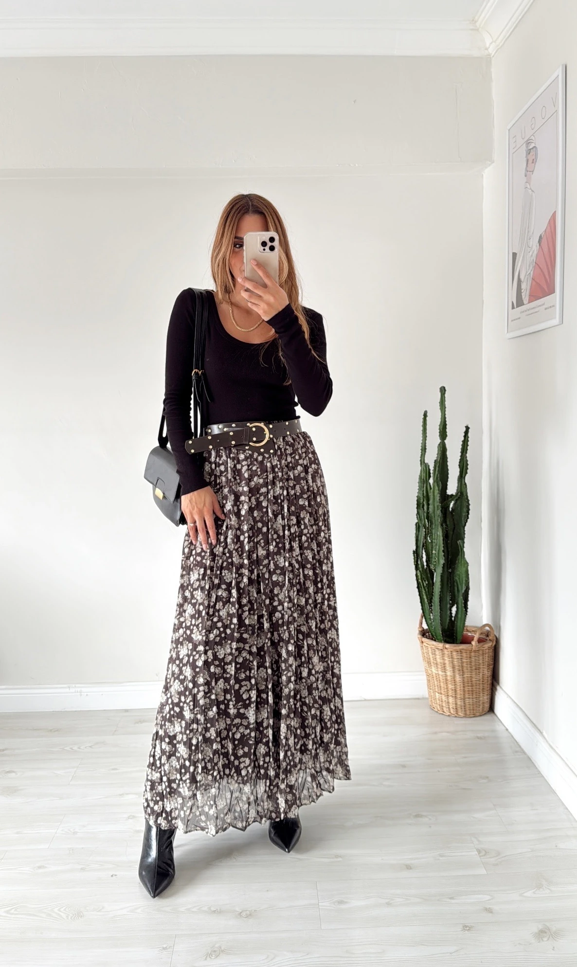 Kemerli Desenli Maxi Etek Haki