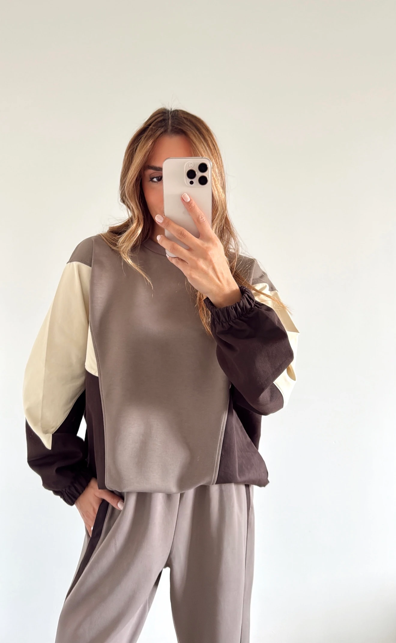 Blok Renkli Paraşüt Kumaş Detaylı Takım Kahve