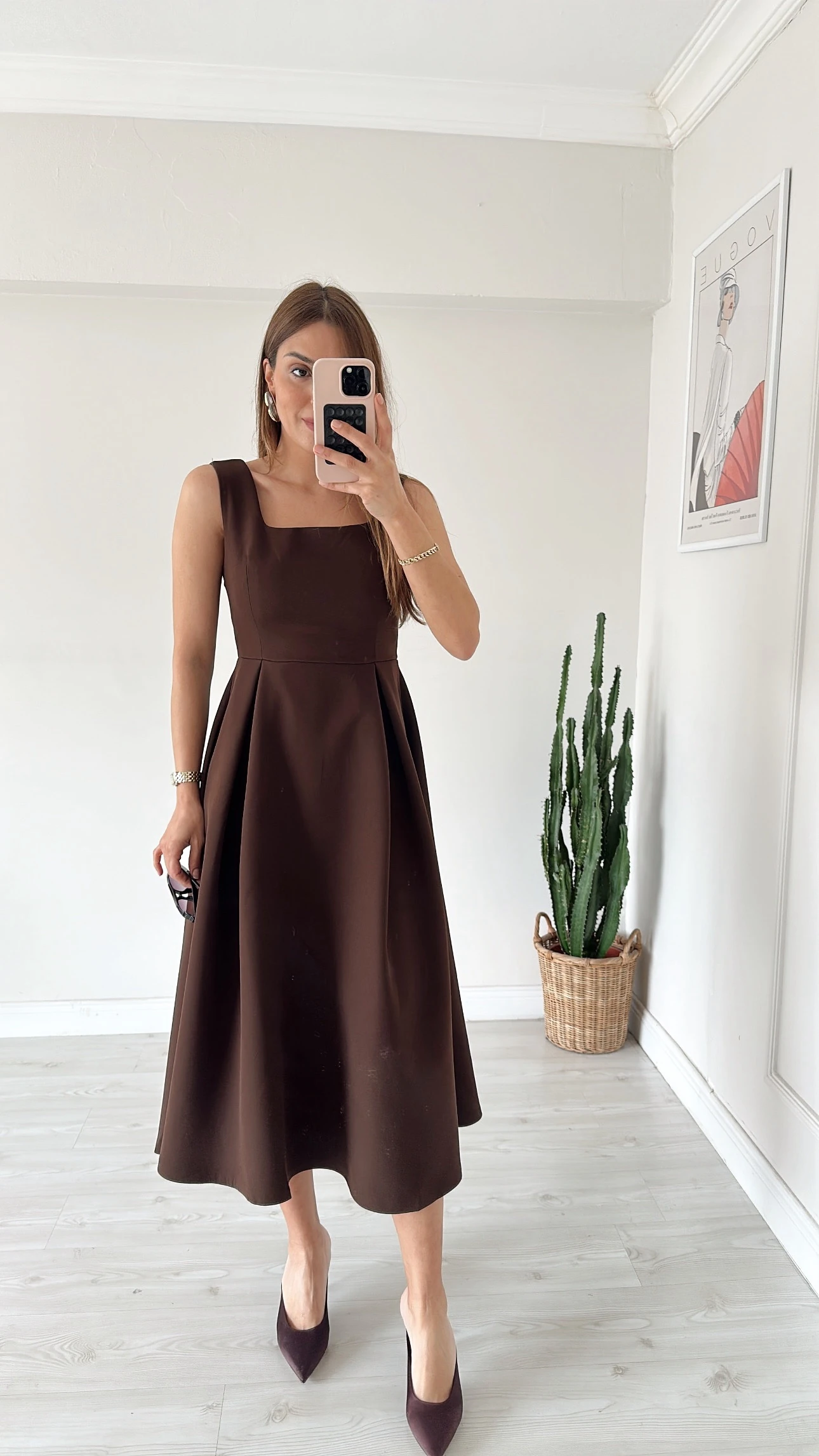 Kare Yaka Midi Elbise Kahve