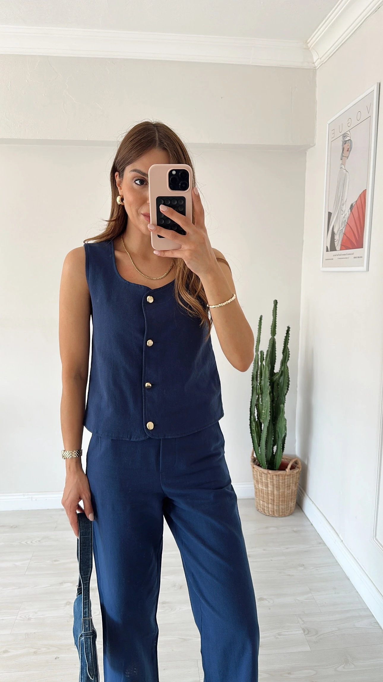 Keten Dokulu Yelekli Takım