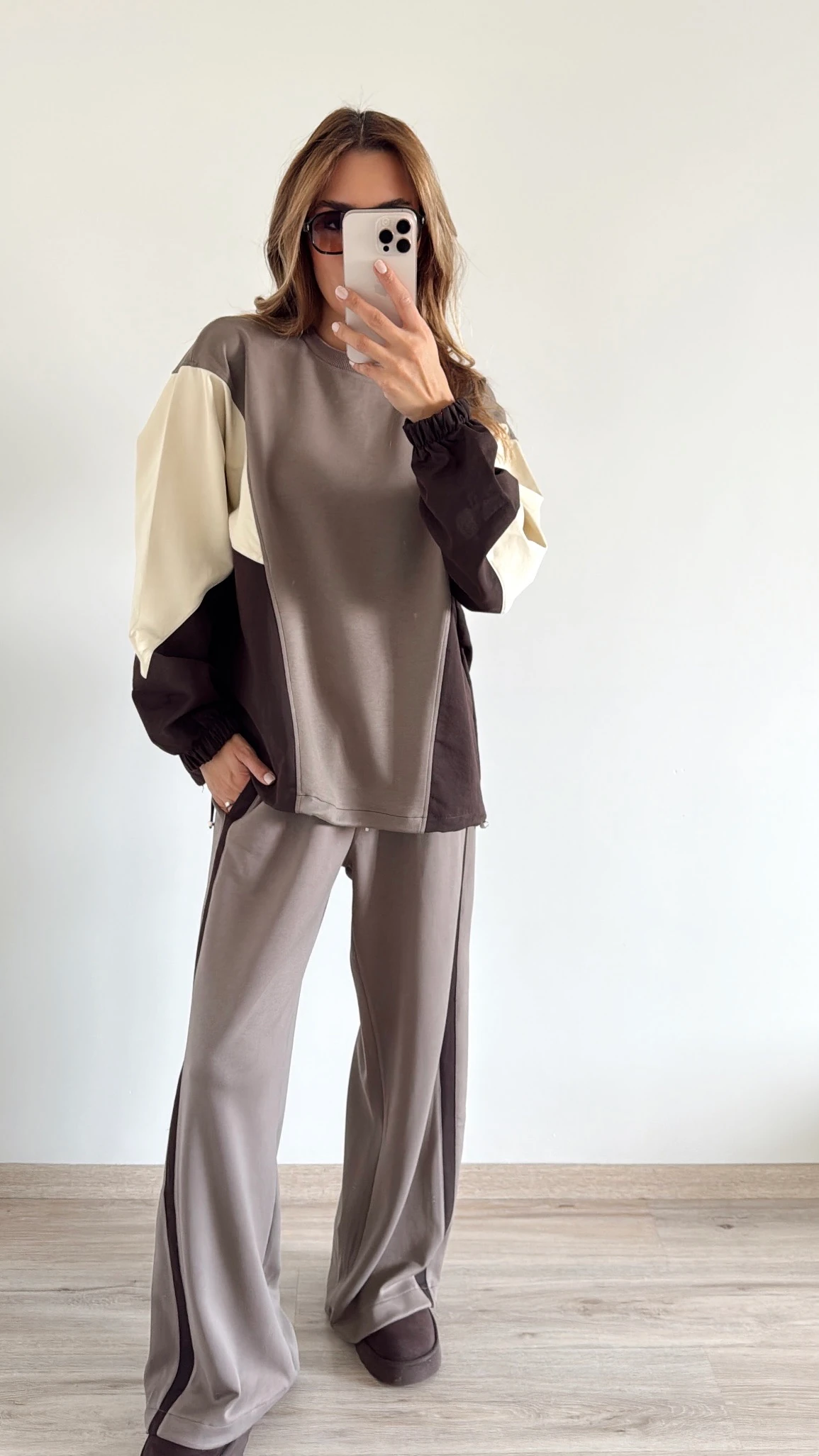 Blok Renkli Paraşüt Kumaş Detaylı Takım Kahve