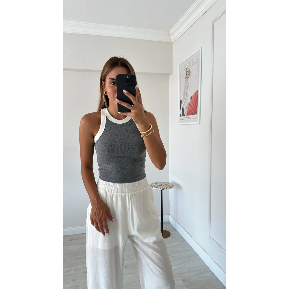 HALTER YAKA FİTİLLİ CROP GRİ