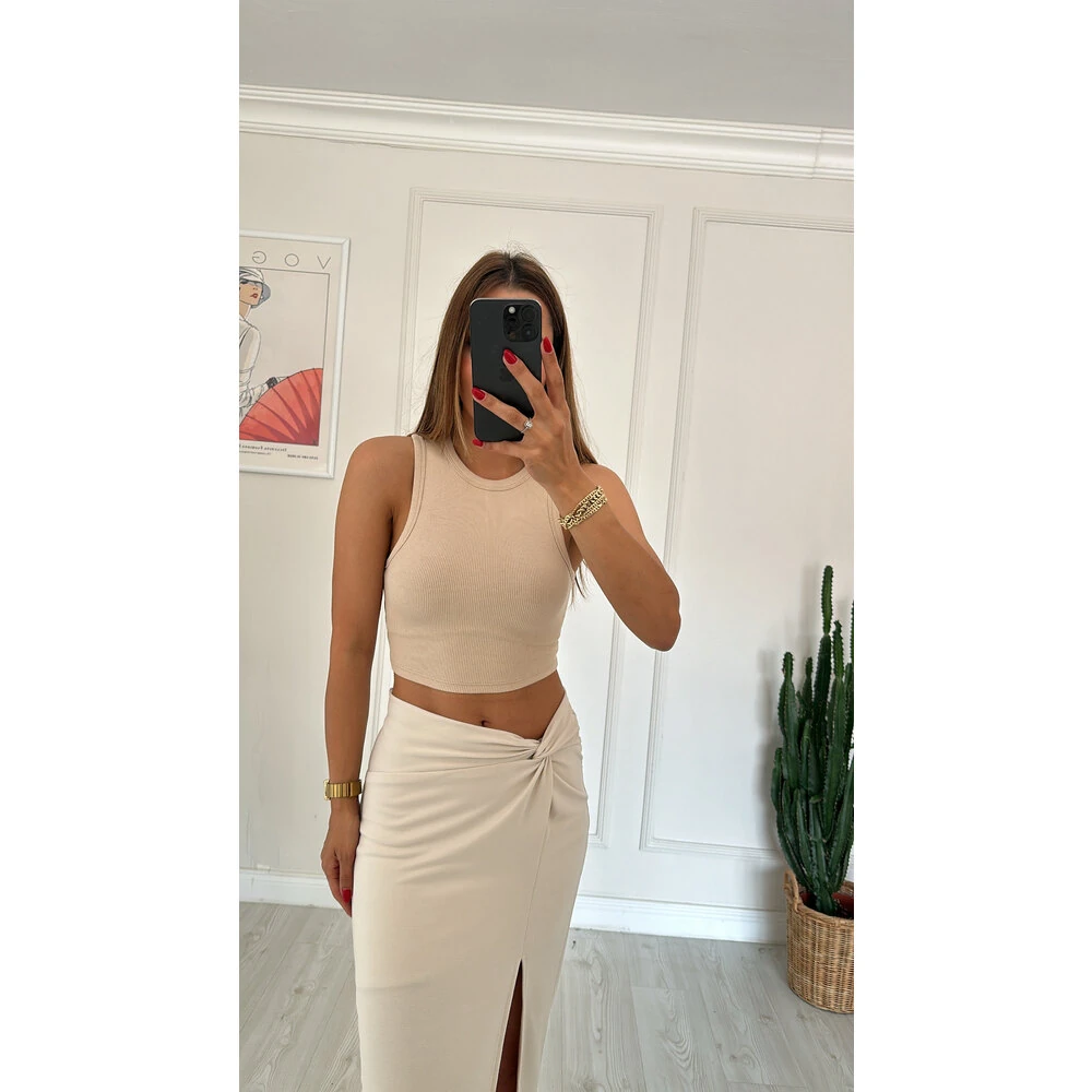 Fitilli Crop Body Açık Bej