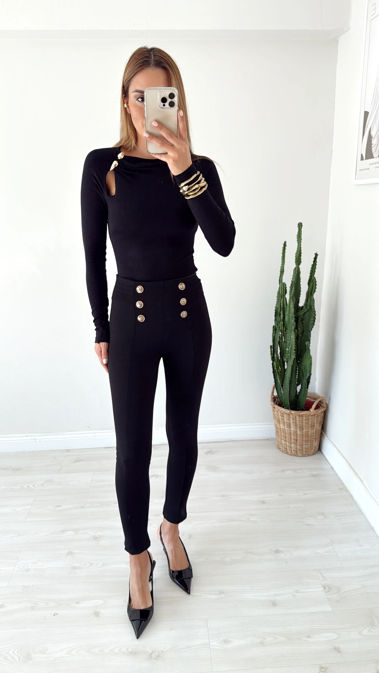 Düğme Detaylı Çelik Örme Tayt 