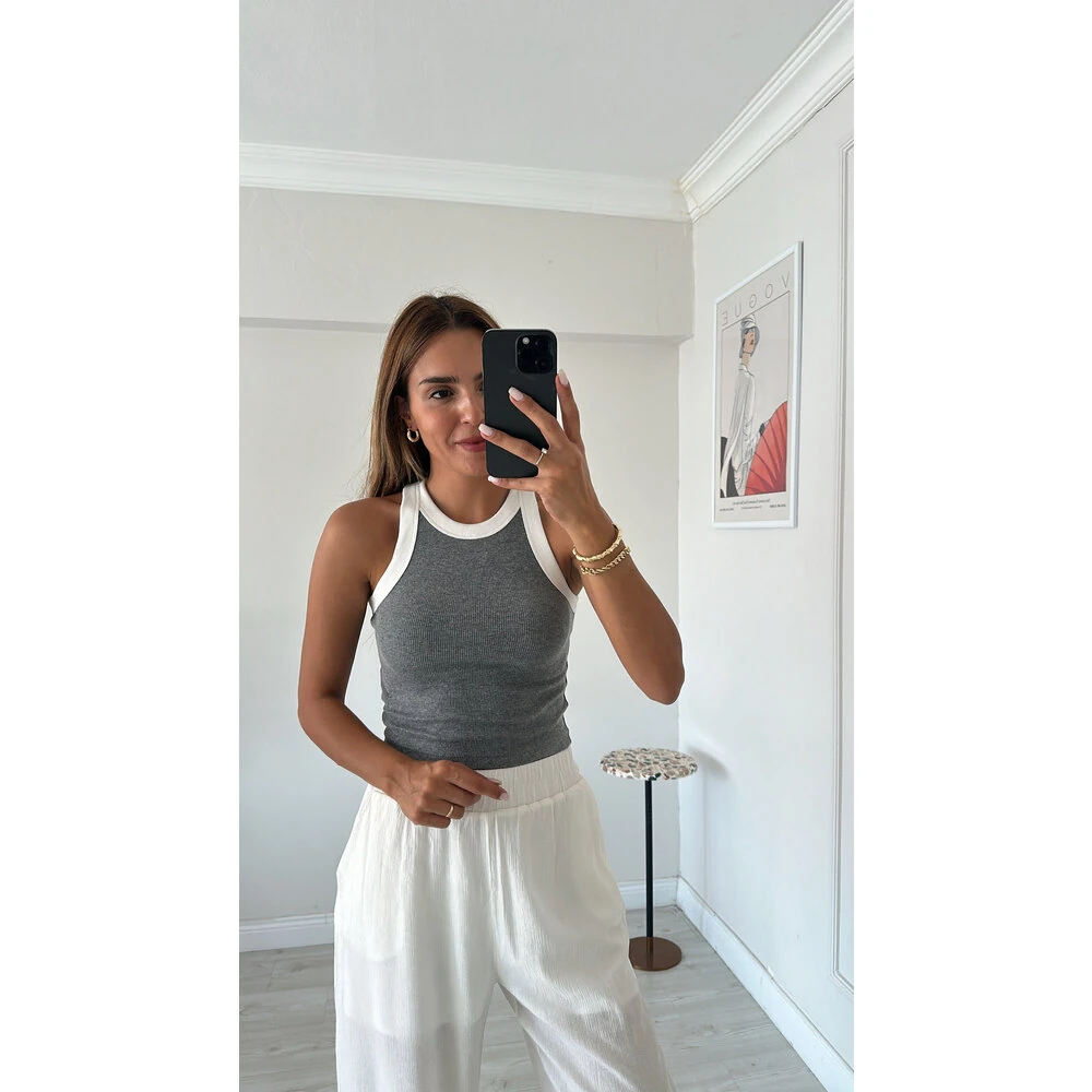 HALTER YAKA FİTİLLİ CROP GRİ