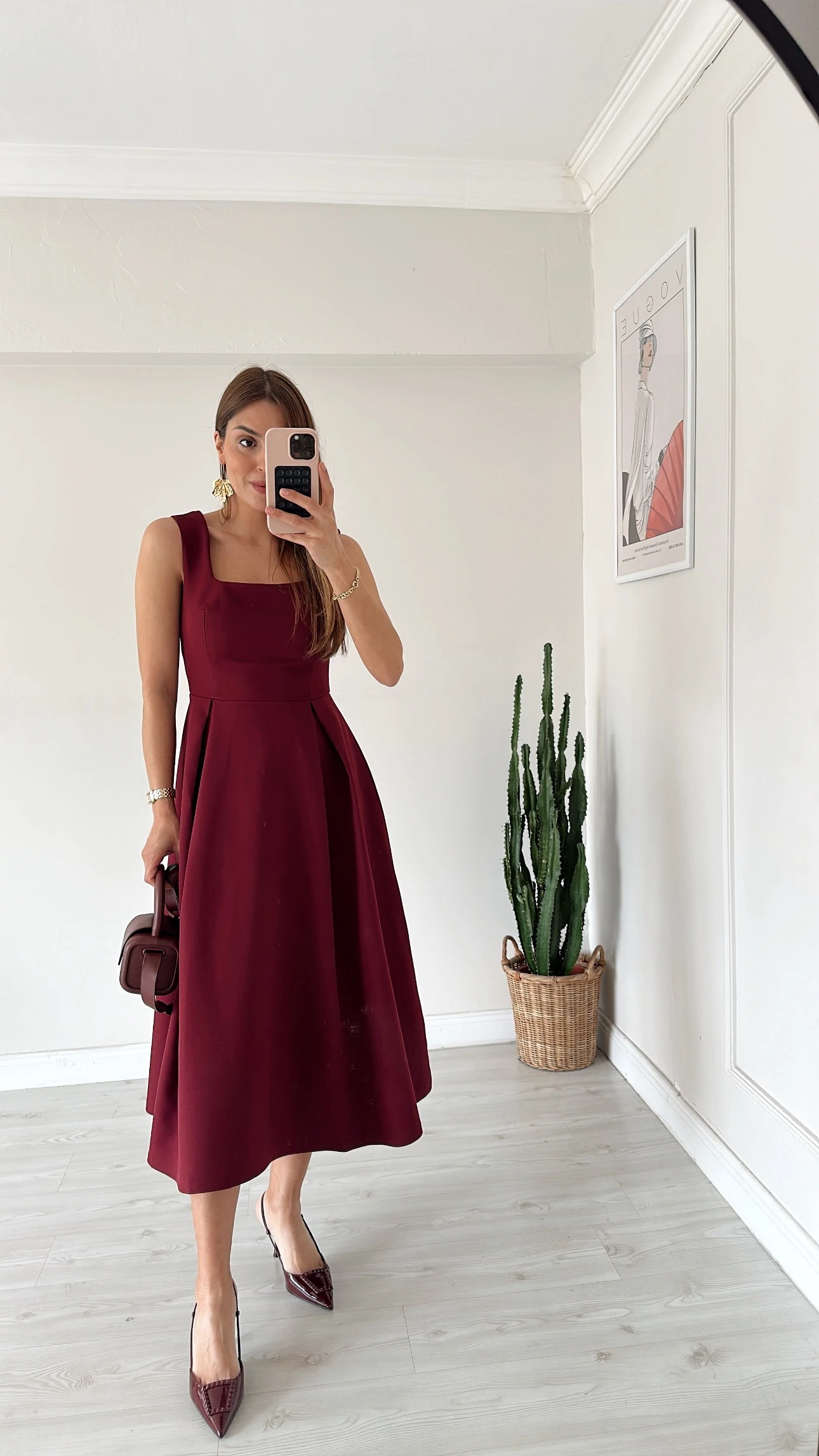 Kare Yaka Midi Elbise Bordo